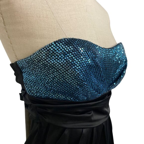 Ruby Rox Strapless Black Satin Mini Dress W/ Blue Sequins Bust & Bow Detail - Picture 3 of 8